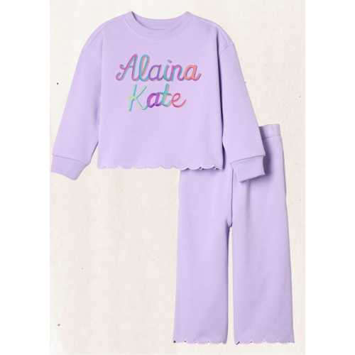 Custom Embroidered Name Sweatshirt Set: Scallop Trim, Double Rainbow Letters