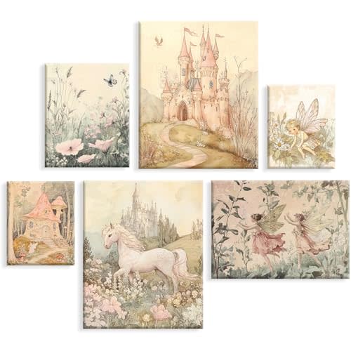 Vintage Fairy Nursery Wall Art Baby Girl Room Canvas Wall Decor Magic Forest Poster Fantasy Fairytale Prints Nursery Antique Magical Picture Flower Painting for Bedroom 12x16 Inch Ready to Hang 6Pcs