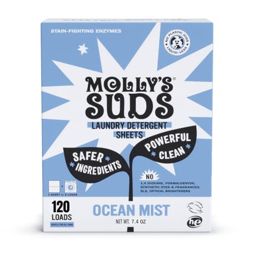 Molly’s Suds Laundry Detergent Sheets | Gentle on Sensitive Skin, Powerful Bio-Based Enzymes, Stain-Fighting | Liquidless & Plastic-Free Packaging | 120 Loads (Ocean Mist)
