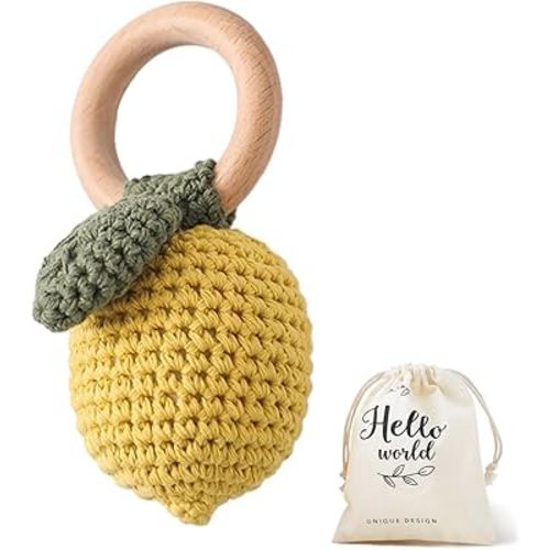 WOODEN TEETHER Crochet Baby Rattle, Crochet Baby Toys, Organic Wooden Newborn Toys, Newborn Animal Rattle Toys,Knitted Stuffed Animals Gifts for Baby, Lemon