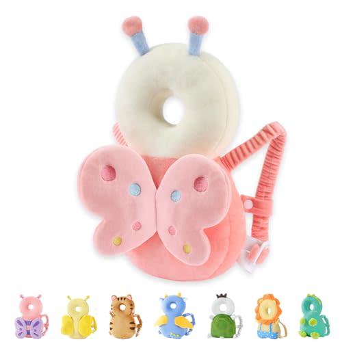 JunNeng Baby Head Protector Backpack for Walking Crawling, Dot Butterfly | Soft, Breathable, Adjustable, Baby Fall Back Head Protector for Falling, Pink Dots Butterfly