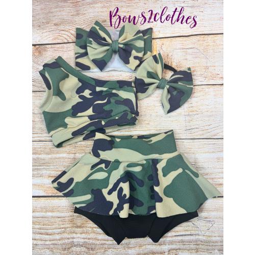 Camo Baby Girl Outfit: One-Shoulder Crop Top, Skirted Bummie & Headwrap