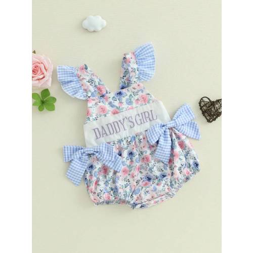 Baby Girls Romper Fly Sleeve Flower Print Embroidery Letters Bow Infant Bodysuit Summer Clothes | SHEIN USA