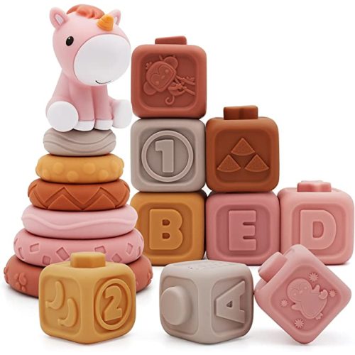 Nueplay Soft Stacking Toys & Jigsaw Puzzles for Baby Girls — 12PCS Cube-Type Puzzles, Sensory Rings & Shape Blocks Set with Unicorn Topper, Montessori Learning Playset for 1 Year Old