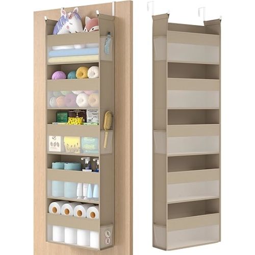 SONGMICS Over The Door Organizer, Hanging Door Organizer with 5 Large Pockets, 5-Tier Fabric Storage, Transparent Nylon Mesh, Foldable, Metal Hooks, with Side Pouches, Summer Sand URDH007Y01
