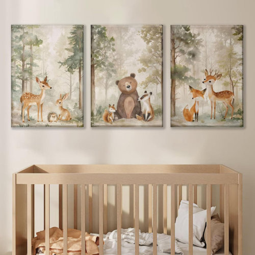 August Grove® 3Pcs Woodland Animal Nursery Canvas Wall Art Wild Animals Forest Paintings Pictures Wall Decor Fox Bear Deer Watercolor Poster Printing Artwork For Boys Room Girls Room Home Decoration | Wayfair
