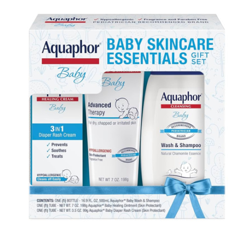 Aquaphor Baby Skin Care Essentials Gift Set with Baby Wash and Shampoo (16.9 Fl Oz) + Healing Ointment for Chapped Skin and Drool Rash (7Oz) + Diaper Rash Cream (3.5Oz), Hypoallergenic