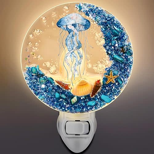 Hortsun Plug in Seashell Night Light Ocean Sea Animal Decorative Night Light Plug in Beach Lamps Vintage Ocean Lamps for Adult for Home Bedroom Living Room Bathroom Wall(Jellyfish)