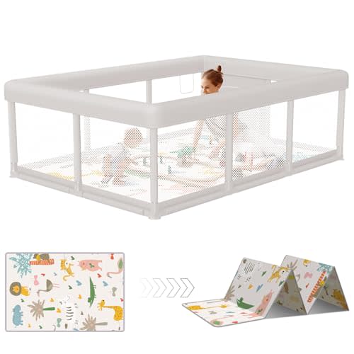 Hiaksedt Baby Playpen 74x50 in PlayPen for Babies and Toddlers, Large Play Yards for Indoor & Outdoor with Zipper Gates, Breathable Mesh with Mat