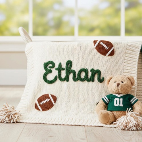 Hand-Embroidered Personalized Football Baby Blanket, Baby Ruffle Blanket, Cotton Sports Team Blanket, Game Day Blanket, Football Fun Gift