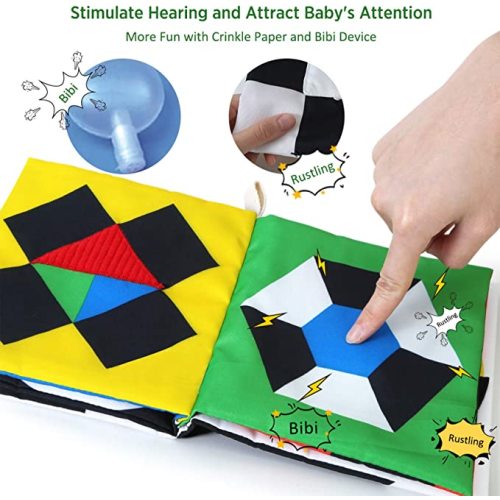beiens Baby Books Toys, High Contrast Black and White Books Non Toxic Fabric Touch and Feel Crinkle Cloth Books Early Educational Stimulation Toys for Infants Toddlers, Baby Gift Soft Toys Mirror