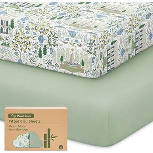 Yoofoss Pack and Play Sheets Fitted Viscose Derived from Bamboo, 2 Pack Mini Crib Sheet for Pack N Play Mattress, Soft and Breathable Playard Sheets for Boys Girls, 38x26in