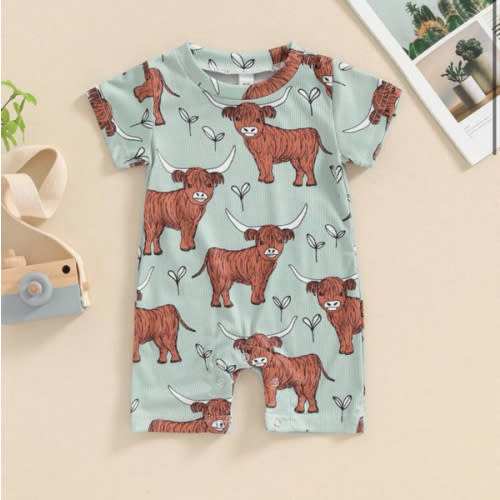 Summer Western Baby Clothes Highland Cow Print Jumpsuit Short Sleeve One Piece Bodysuit Country Baby Outfit | SHEIN USA