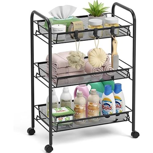 TOOLF 3-Tier Metal Rolling Cart, Mesh Wire Easy Assemble Utility Cart, Storage Trolley on Wheels with 3 Hooks, MetalStorage Shelving Units for Kitchen Bathroom Laundry Room