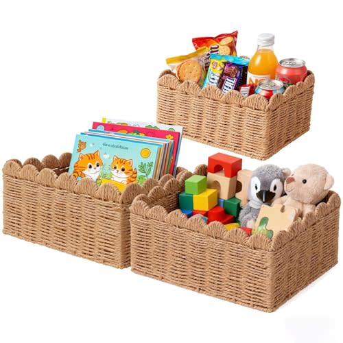Luckybell 3 Pcs Wicker Baskets for Organizing,Scalloped Baskets, Hand-woven Wicker Storage Cubes, Paper Rope Shelf Baskets for Organizing and Decoration,Brown Basket