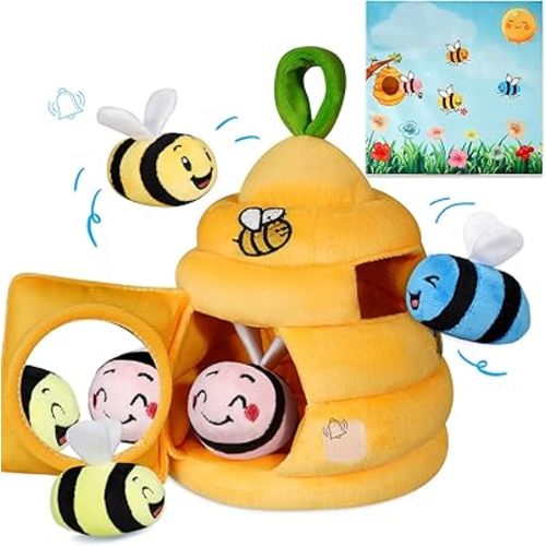 Nabance Baby Sensory Plush Toy 6-12 Months Soft Beehive Playset with 4 Textured Bees Rattle Crinkle Squeaker Mirror Montessori Fine Motor Skills Toy for 1-3 Years Old Toddlers, Boy Girl Birthday Gift