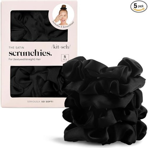 Kitsch Satin Scrunchies for Women | For All Hair Types - Black, 5pcs