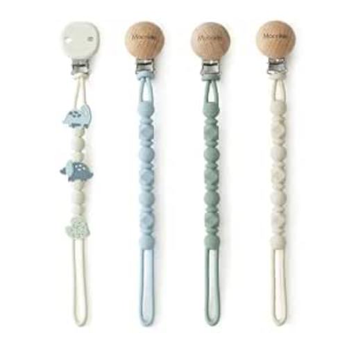 Moonkie Silicone Pacifier Clips for Baby – Durable One-Piece Binky Holder, Mixed Styles Paci Clips, Baby Essentials for Newborn Boys & Girls - 4 Pack (Dino Roars)
