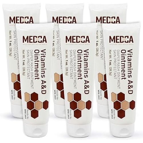 MEDca Vitamin A & D Diaper Rash Ointment- Protectant Cream for Sensitive Baby Skin - Lanolin & Petrolatum Formula, Dry-Cracked Hands/Feet/Face Skin, 1oz Tube, Pack of 6