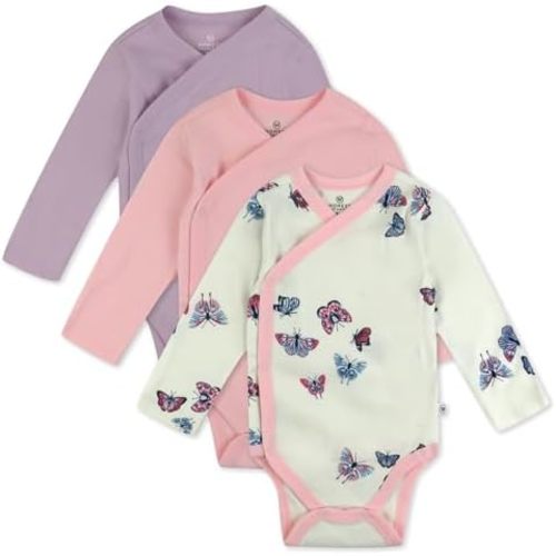 HonestBaby Baby 3-pack Long Sleeve Side-snap Kimono Bodysuits Organic Cotton for Infant Baby Boys, Girls, Unisex