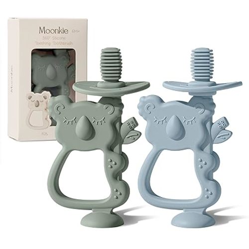 Moonkie Teething Toy Set of 2, Safe & Easy to Hold BPA Free Silicone Teethers, 360° Baby Toothbrush with Suction Base, Teether Toys Best for Babies 6-12 Months (Koala Ether/Sage)