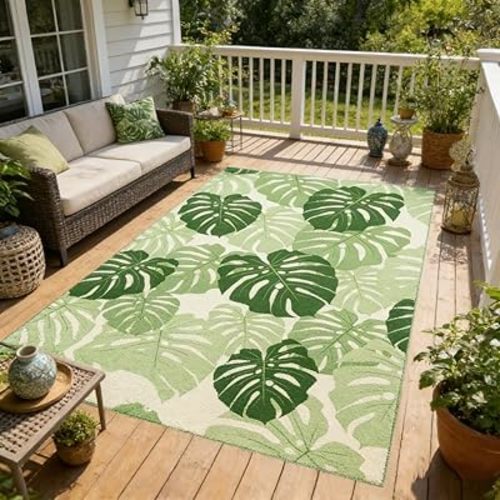 Mint Green Monstera Leaf Outdoor Rug 6x9 Tropical Plants Print Outdoor Carpet for Backyard Patio Porch Deck Balcony Camping Lightweight Easy Cleaning Outside Rugs Poolside Bathroom Non Skid Mats