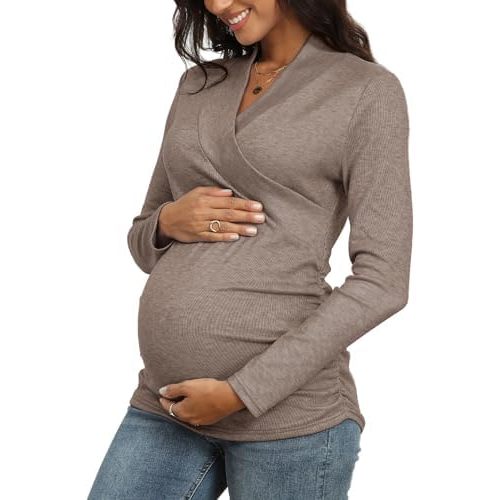 Women's Nursing Top Cross V-Neck Ruched Long Sleeve Maternity Shirt (Slim Fit, Size Up for Relaxed Fit)