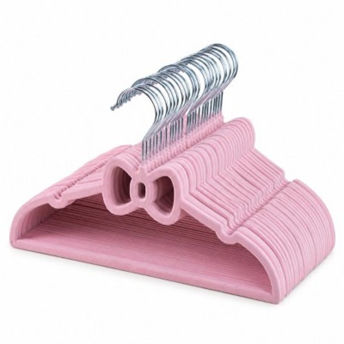 Trio Essentials Bow Kids Velvet Hangers, 50 Pack, Non-Slip, Ultra Slim Space Saving, 360° Swivel Hooks for Baby, Toddler, Pink