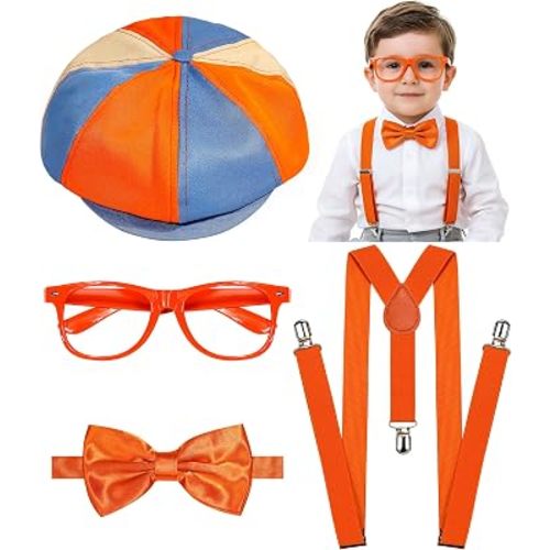 4PCS Halloween Costume Accessories Set for Kids - Blue & Orange Hat, Orange Suspender, Bow-tie and Glasses for Boys Girls Themed Party Dress Up