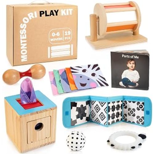 WOODMAM Montessori Toys for Babies 0-6 Months, 9 in 1 Learning Educational Baby Gifts for Newborn 0-3-6 Months, Includes High Contrast Cards, Baby Tissue Box Toy, Spinning Drum, Teether and More
