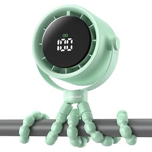 AMACOOL Baby Stroller Fan, Rechargeable Portable Clip on Fan, 17H Cooling with 5 Speeds, LED Display, 360°Rotate Personal Cooling Fans for Car Seat, Crib, Travel, Camping, Gifts for New Parents