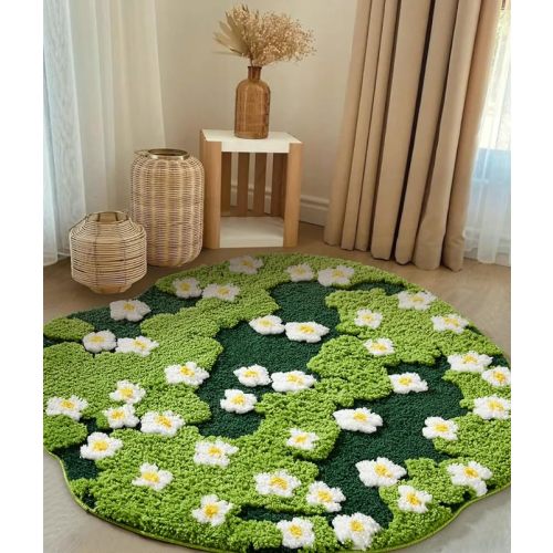 Cute Green Floral Large Bathroom Rugs Bath Mat 3ft Non Slip Washable, Modern Chic Boho Aesthetic Trendy Funky Microfiber Shaggy Tufted Grass Rugs for Bedroom Dorm Nursery Bathroom Kitchen