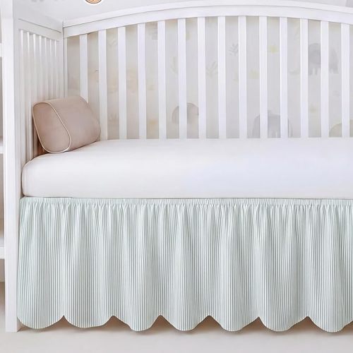 Green Scallop Edge Cotton Crib Skirt Ticking Strip Farmhouse Chic Nursery Bed Skirt Gender Neutral for Baby Boys Girls Fits Standard Cribs Toddler Beds, 52" x 28" x 16" Drop
