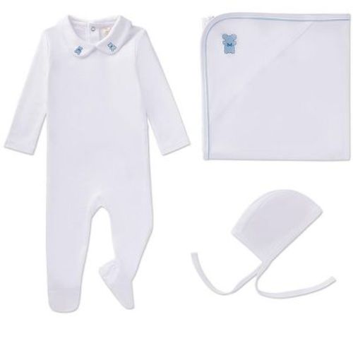 MiniMoi 3 Piece Baby Boys 100% Pima Cotton Footie Set with Peter Pan Collar and Teddy Bear Embroidery Winter White 3 Months
