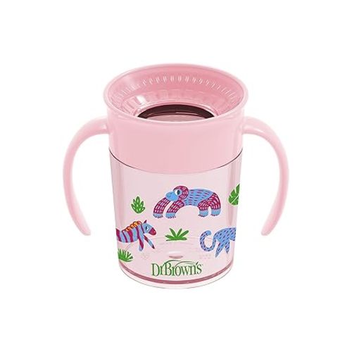 Dr. Brown's Milestones Cheers 360 Spoutless Transition Cup with Handles, Travel Friendly and Leak Free Sippy for Babies and Toddlers, Pink Animals, BPA-Free, 7 oz/200 mL, 6m+, 1-Pack