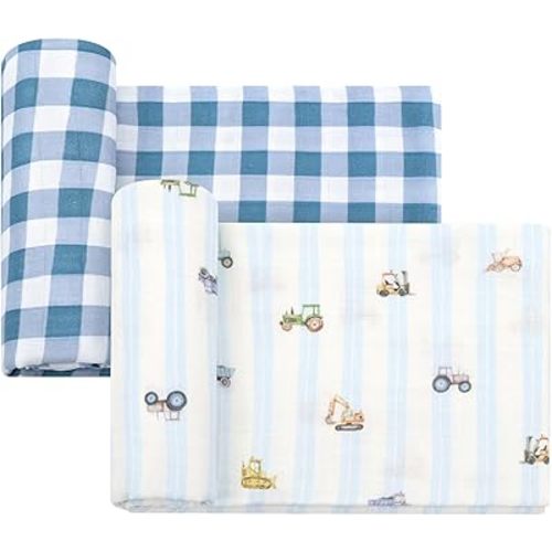 LifeTree Baby Swaddle Blankets, Boys Girls Muslin Swaddling Wrap Receiving Blanket for Newborn, 70% Viscose from Bamboo and 30% Cotton, Large 47" x 47", Car and Checkered