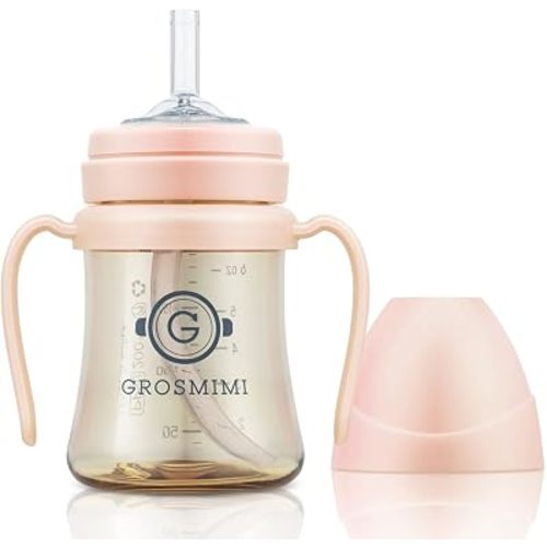 GROSMIMI PPSU Baby Straw Cup Stage 1, 6M+, Spill-Proof, 6oz (Peach)