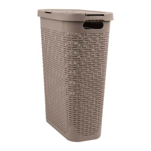 Mind Reader Slim Laundry Hamper with Lid, 40L Clothes Basket, Narrow Tapered Design with Ventilated Cutout Pattern, Plastic, Tan