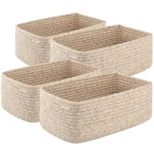 4 Pack Small Storage Shelf Baskets for Organizing, Mini Woven Rope Storage Bins for Towels, Cute Decorative Closet Organizer,Baby Nursery, Gift Empty Baskets -11.81''Lx7.87''Wx4.72''H'-Brown