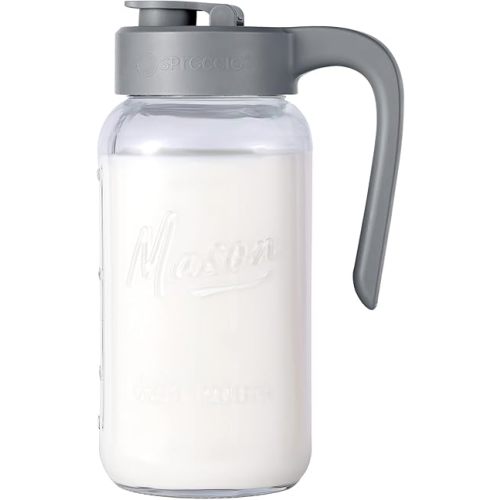 Mason Jar Pitcher - Airtight & Leakproof Glass Pitcher with Lid, Perfect for Breastmilk, Cold Brew, and Sun Tea, 2 Quart (64 oz) Mason Jar with Pour Spout Lid