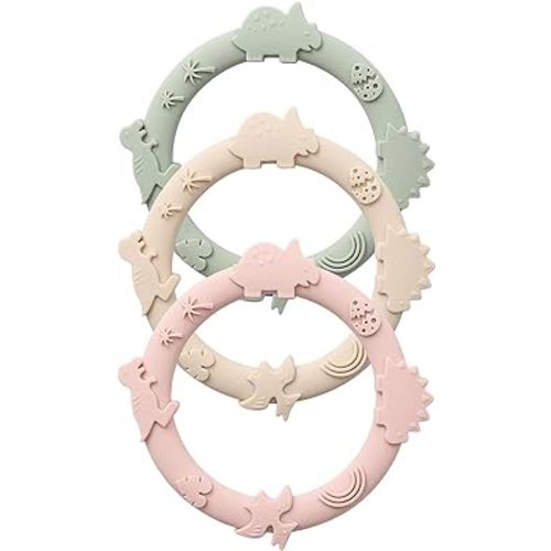 Silicone Teethers for Babies 0-6 6-12 Months Teething Toys for Infants Baby Chew Toys for Sucking Needs Baby Teething Rings for Infant Boys and Girls 3 Pack-Dinosaur-Blush