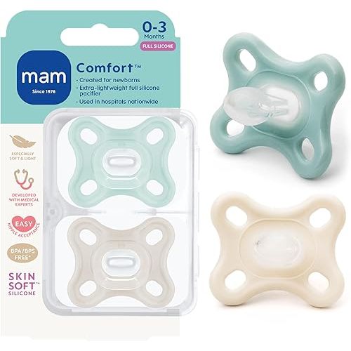 MAM Comfort Baby Pacifier 0-3 Months Specially for Smaller Newborn Mouths, Lightweight One-Piece BPA-Free Silicone, Easy to Clean, Best for Breastfed Babies, 2 Pk, Sterilizer Case, Made in Europe