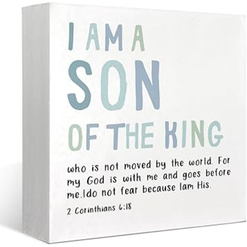 Boy Nursery Decor, I Am A Son of The King Wooden Box Block Sign, Bible Verse Sign, 2 Corinthians 6:18 Scripture Decor for Home Baby Boy Room Nursery, 5x5