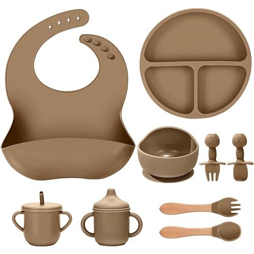 JELLDJK Silicone Baby Feeding Set 9 Pcs, Spill-Proof Suction Plate, Bowl, Bib, Silicone spoon&forks, Wooden Spoons&forks, Training cup with straw and Sippy Cup, Baby Eating Utensils (Brown)