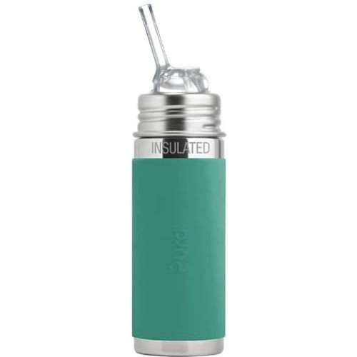 Pura Kiki 9oz/260 ml Stainless Steel Insulated Bottle w/Silicone Straw & Sleeve, 100% Plastic-Free, MadeSafe Certified, 100% Medical-Grade Silicone Straw for Kids, Toddlers, Babies & Infant - New Mint