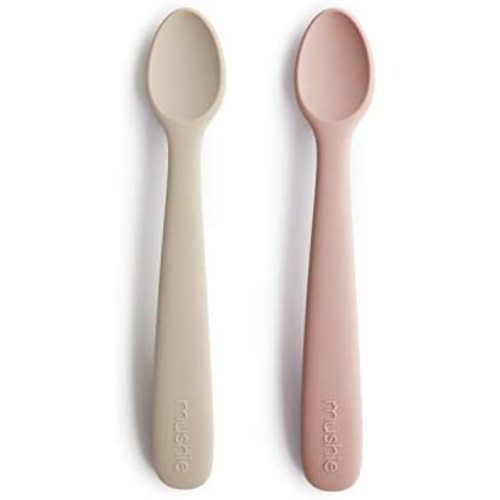 mushie Silicone Baby Feeding Spoons | 2 Pack (Blush/Shifting Sand)