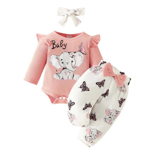 RMGVDSD Baby Girl Clothes Long Sleeve Ribbed Cartoon Print Romper Tops Pants Headband 3 Piece Set Clothing Soft Comfortable Playwear 3-6 Months