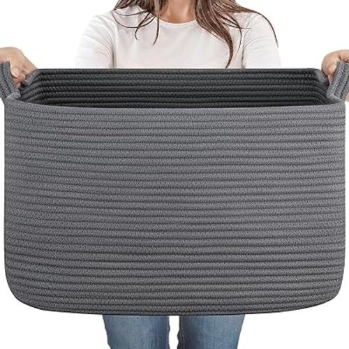 65L Large Storage Basket, Cotton Rope Woven Blanket Basket, Toy Storage for Baby Room, Living Room, Dark Grey