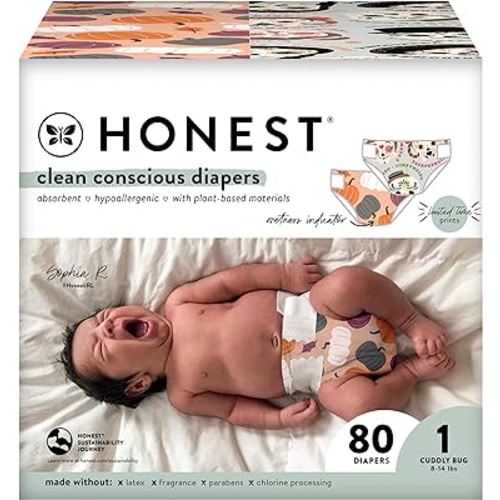 The Honest Company Clean Conscious Diapers | Plant-Based, Sustainable | Fall '23 Limited Edition Prints | Club Box, Size 1 (8-14 lbs), 80 Count
