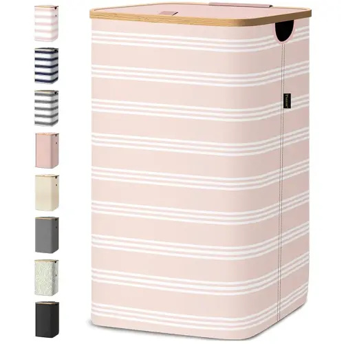 BALEINE Laundry Hamper with Lid, Tall Laundry Baskets with Bamboo Pull Handles, Large Laundry Bin with Internal Support (18 Gal/70L, Pink Pinstripe)